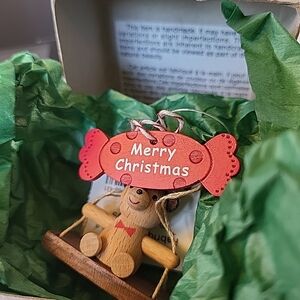 Handmade Wooderful Life Teddy On Swing Christmas Ornament